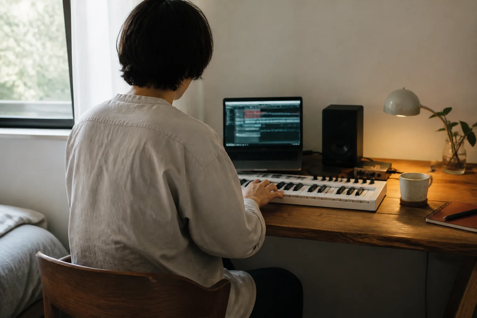 宅録環境で楽器に向かう人物を斜め後ろから描いた、みゅーの紹介用イメージ